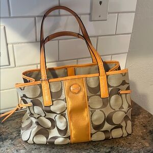 Coach Tan and Brown Signature Tote Bag